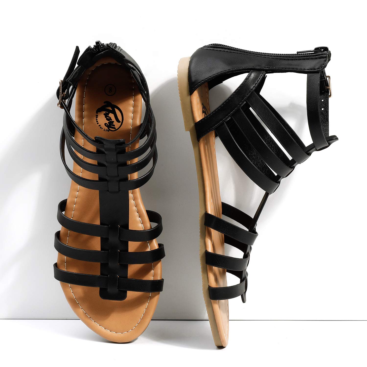 Women's Gladiator Sandals Black PU Leather Open Toe Flat Sandals Black -  Milanoo.com